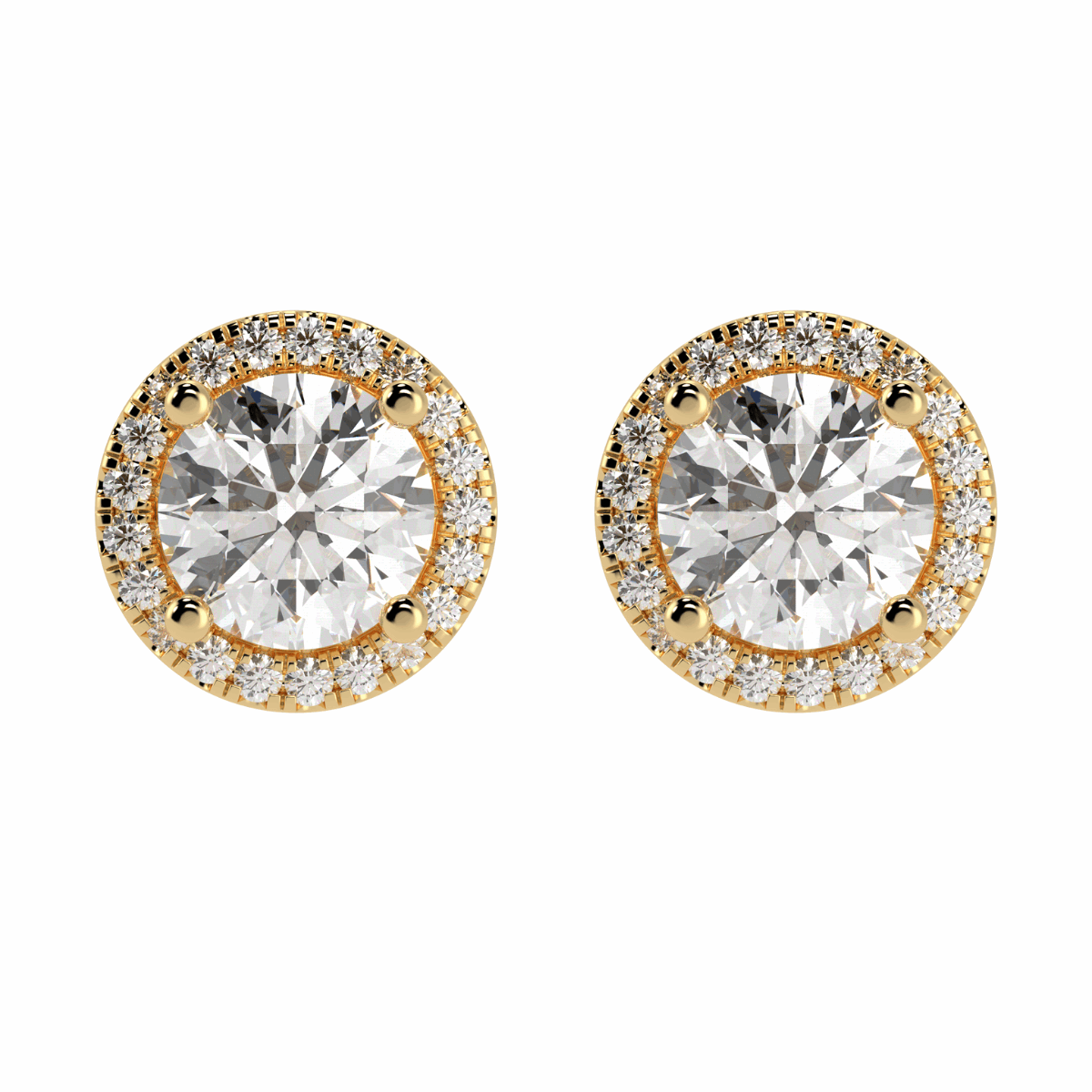 Halo Round Cut Solitaire Stud Earrings in yellow gold