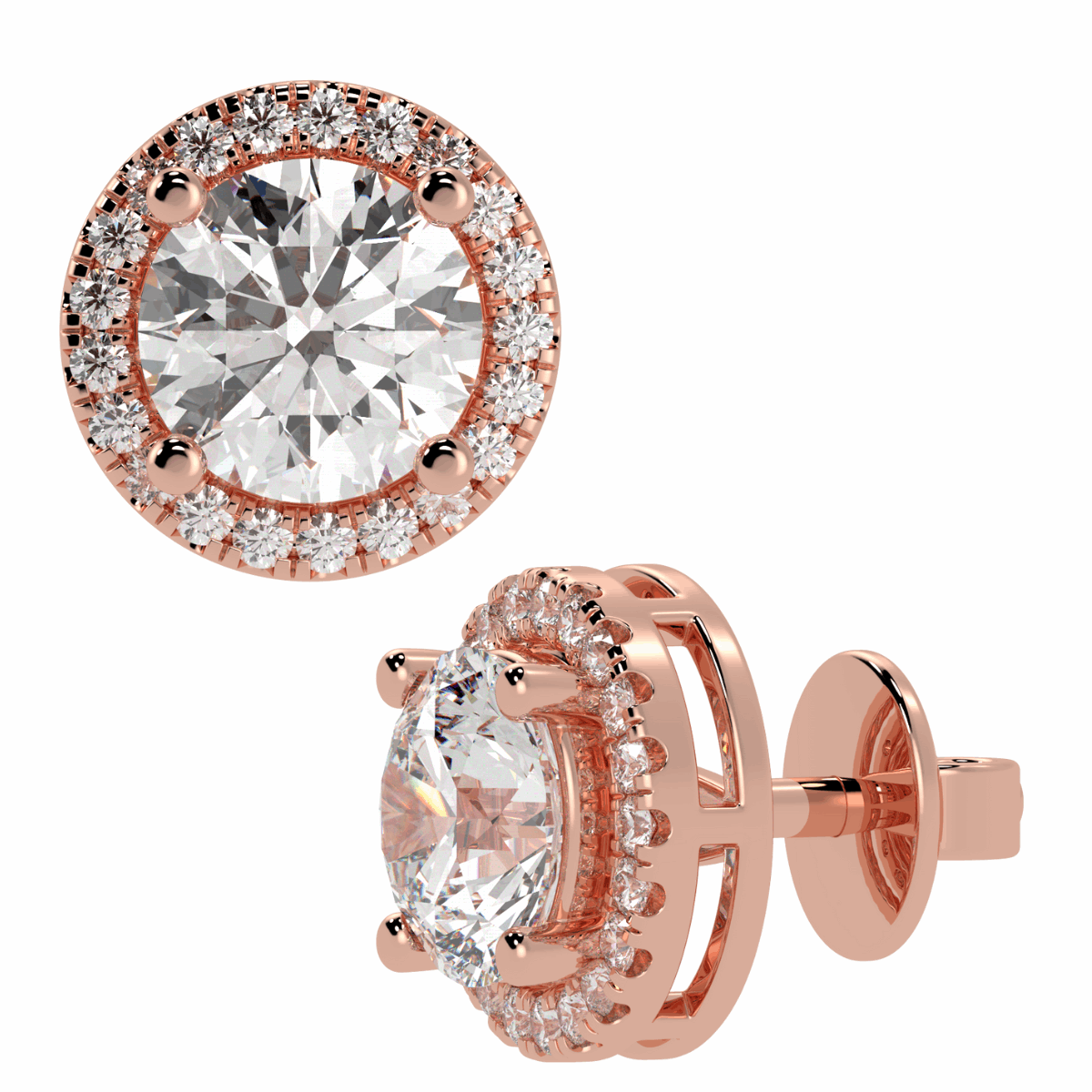 Halo Round Cut Solitaire Stud Earrings in rose gold