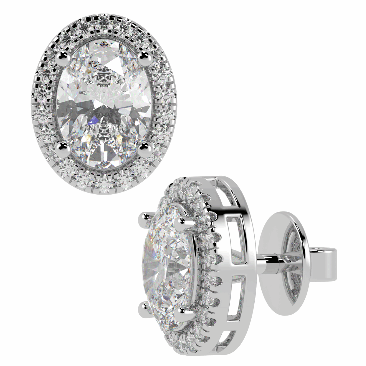 Halo Oval Cut Solitaire Stud Earrings in white gold or platinum