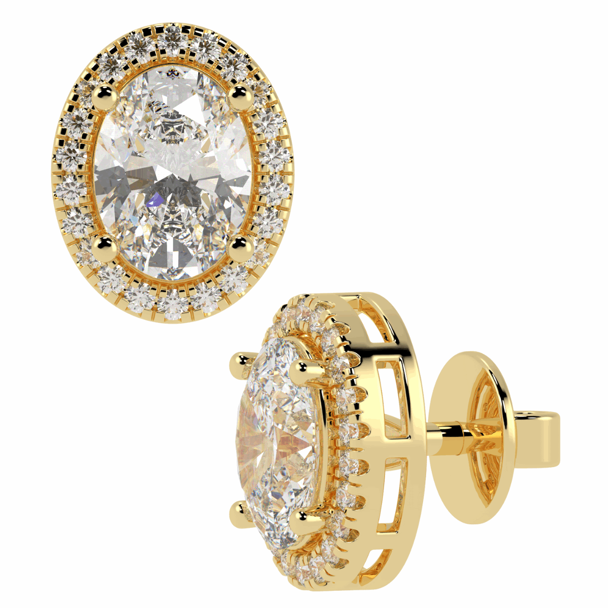 Halo Oval Cut Solitaire Stud Earrings in yellow gold