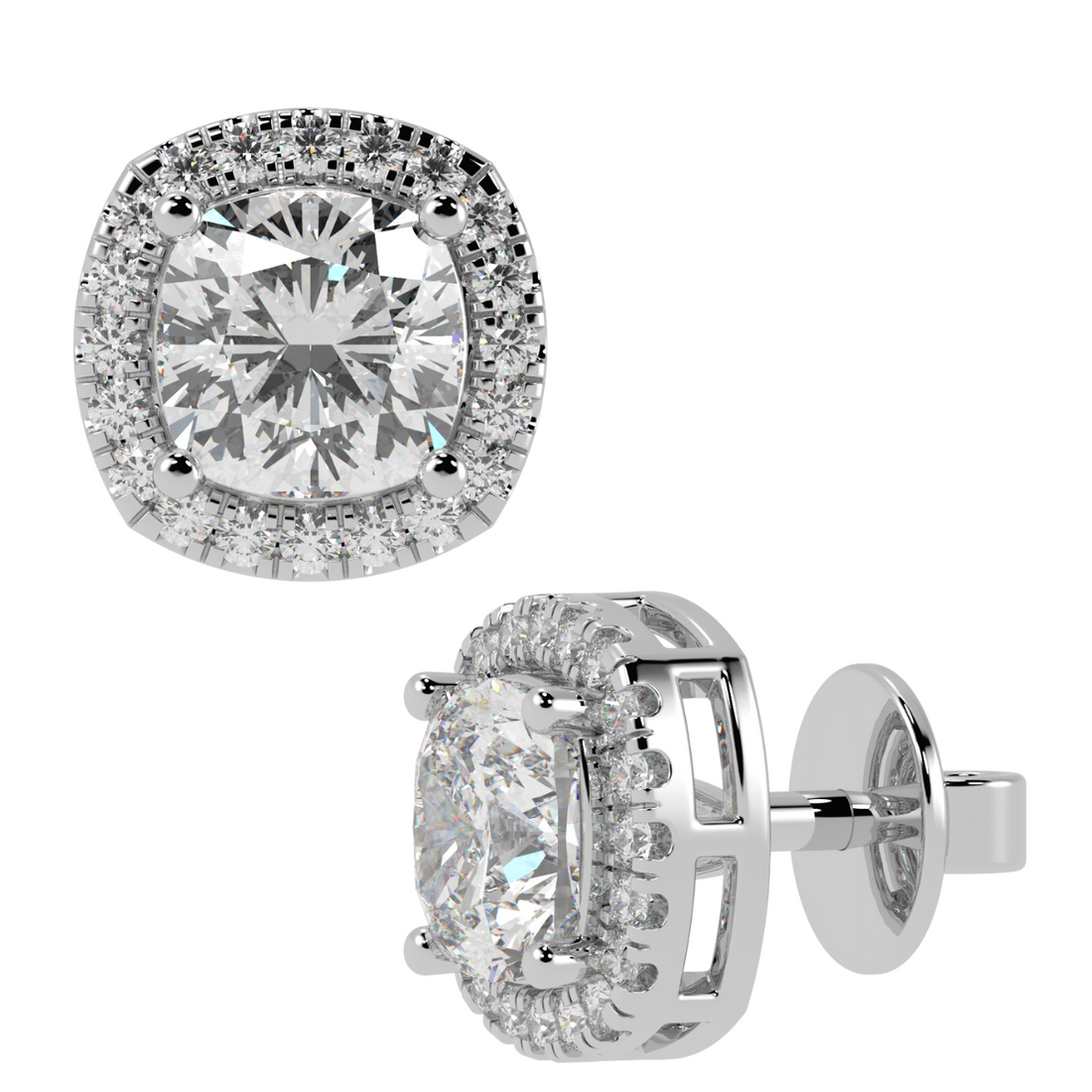 Halo Cushion Solitaire Stud Earrings