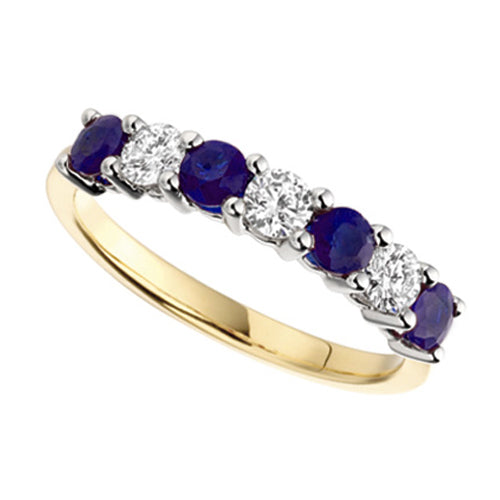 Wide Blue Sapphire &amp; Diamond Seven Stone Ring in yellow gold