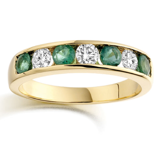 Wide Emerald &amp; Diamond Channel Set Half Eternity Ring in yellow gold