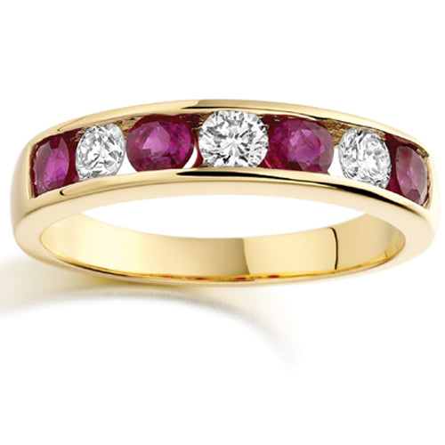 Wide Ruby &amp; Diamond Channel Set Half Eternity Ring in yellow gold
