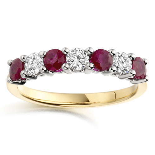 Wide Ruby &amp; Diamond Seven Stone Ring in yellow gold, top view