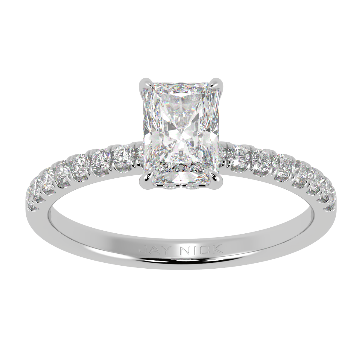 Radiant Cut Studded Hidden Halo Ring in white gold or platinum, top view