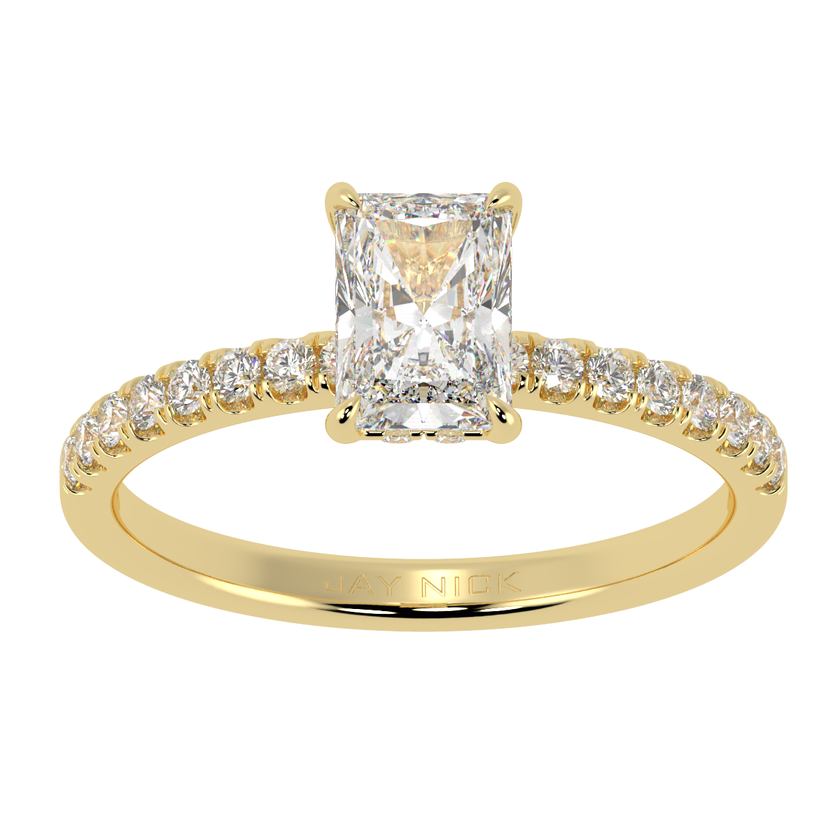 Radiant Cut Studded Hidden Halo Ring in yellow gold, top view