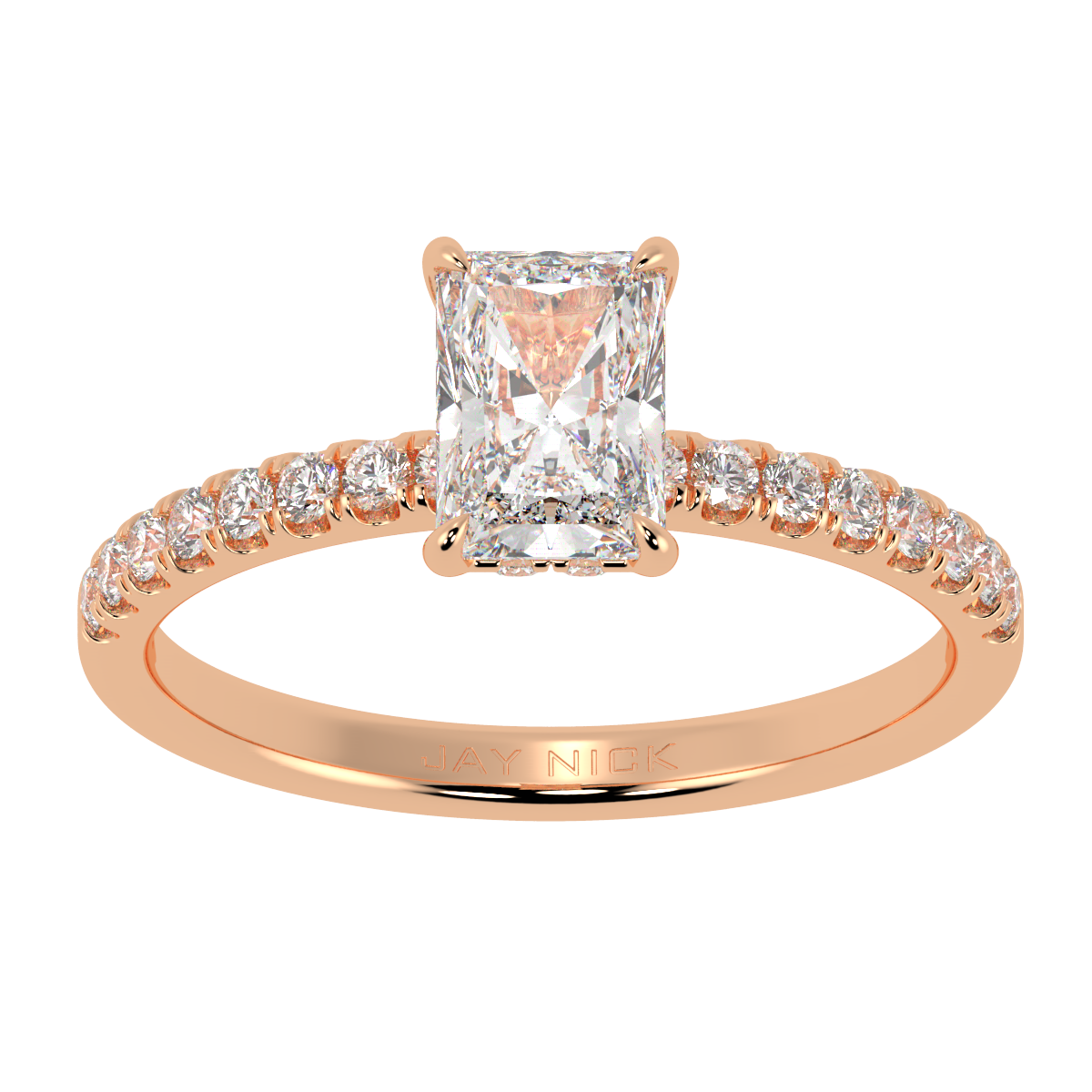 Radiant Cut Studded Hidden Halo Ring in rose gold, top view