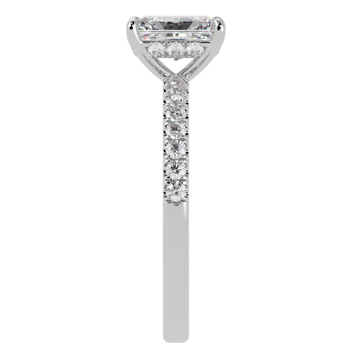 Radiant Cut Studded Hidden Halo Ring in white gold or platinum, side view