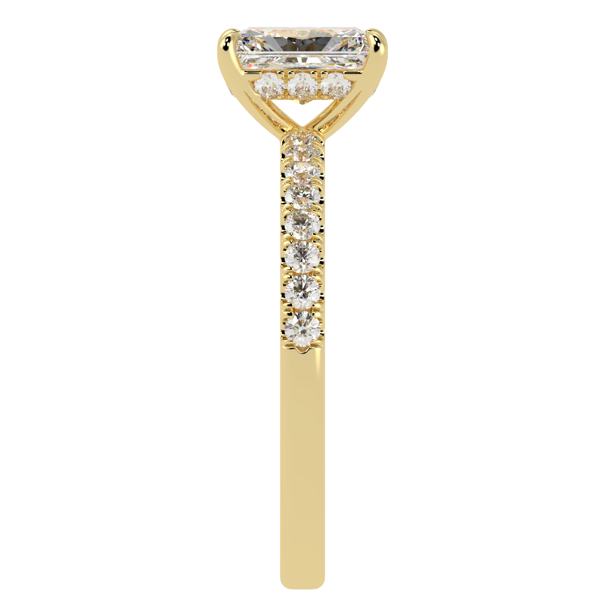 Radiant Cut Studded Hidden Halo Ring in yellow gold, side view
