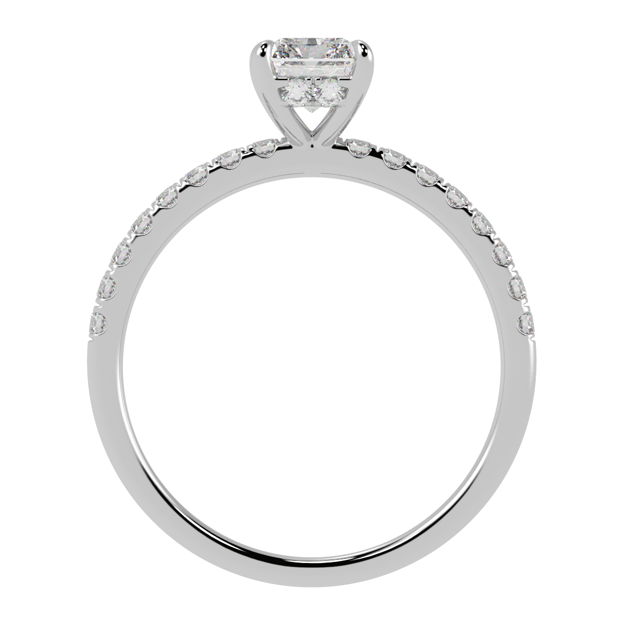 Radiant Cut Studded Hidden Halo Ring in white gold or platinum, flat view