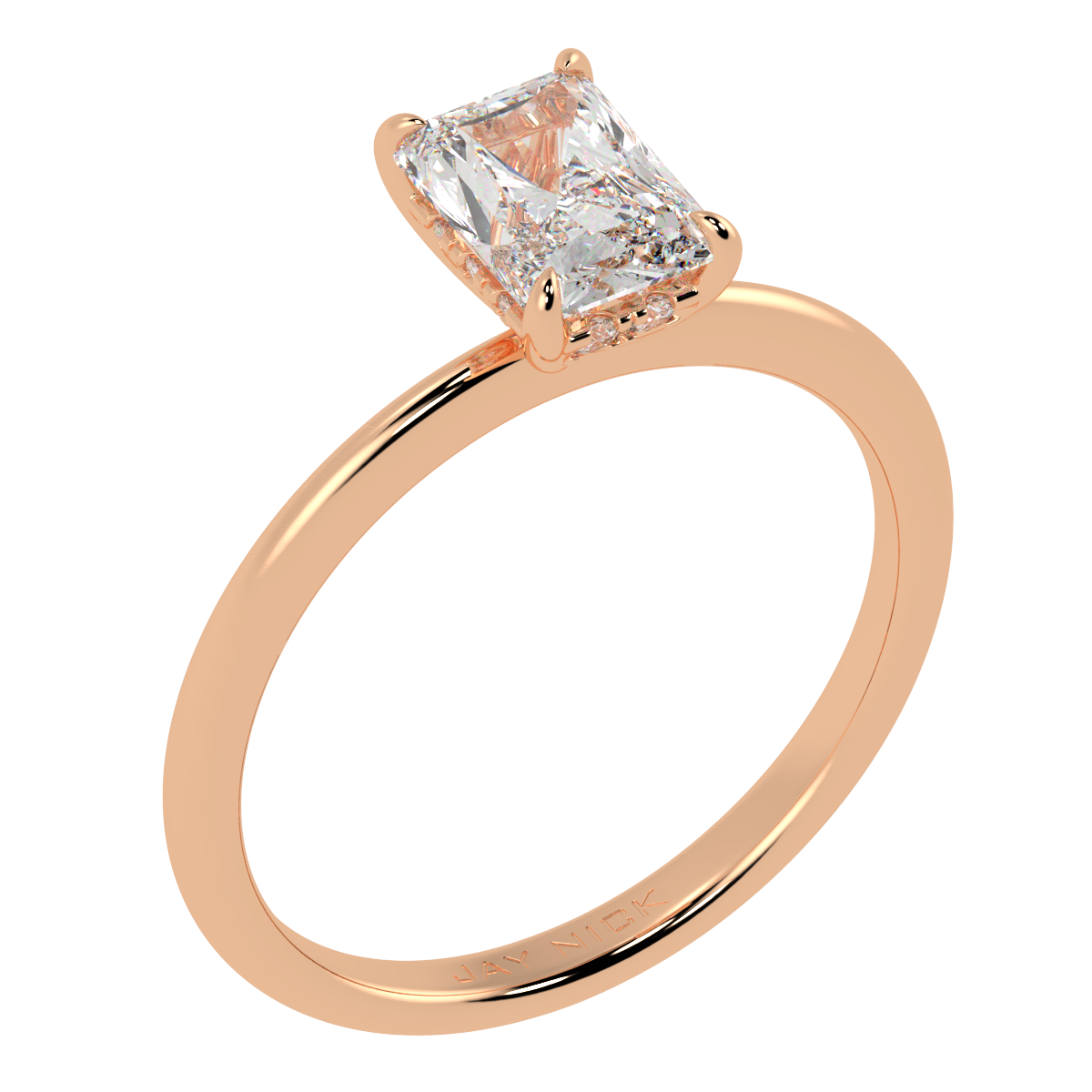 Radiant Cut Hidden Halo Ring in rose gold, perspective view