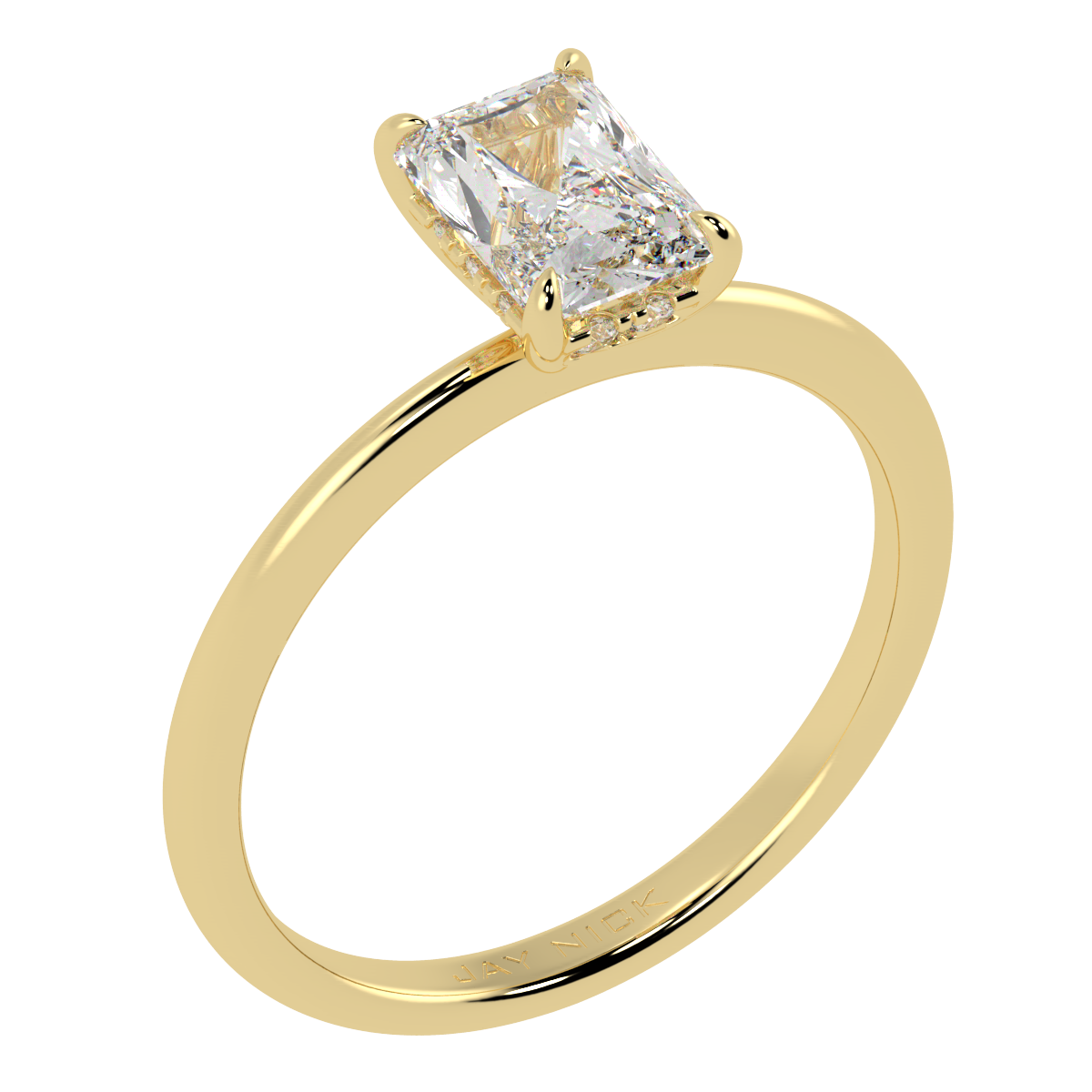 Radiant Cut Hidden Halo Ring in yellow gold, perspective view