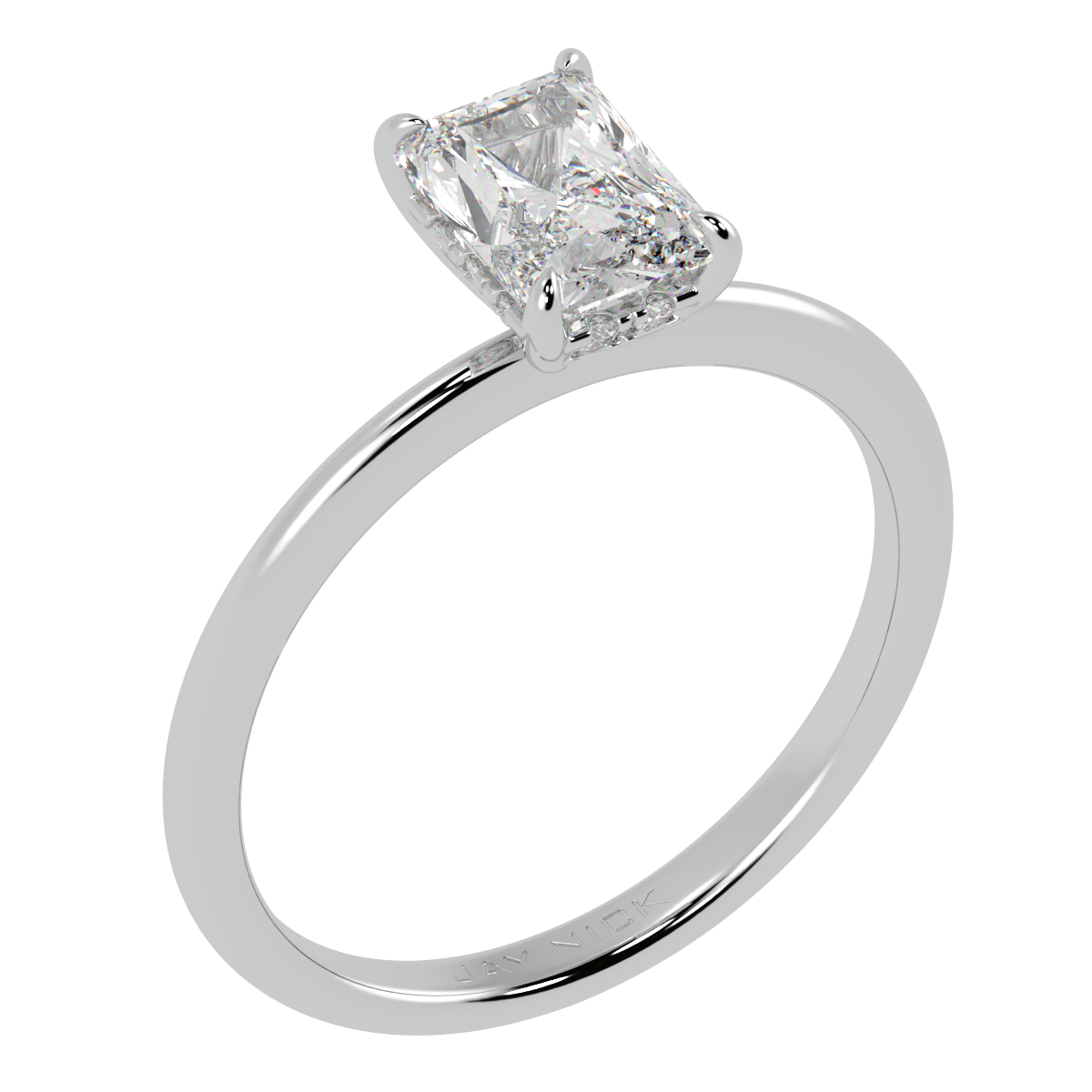 Radiant Cut Hidden Halo Ring in white gold or platinum, perspective view