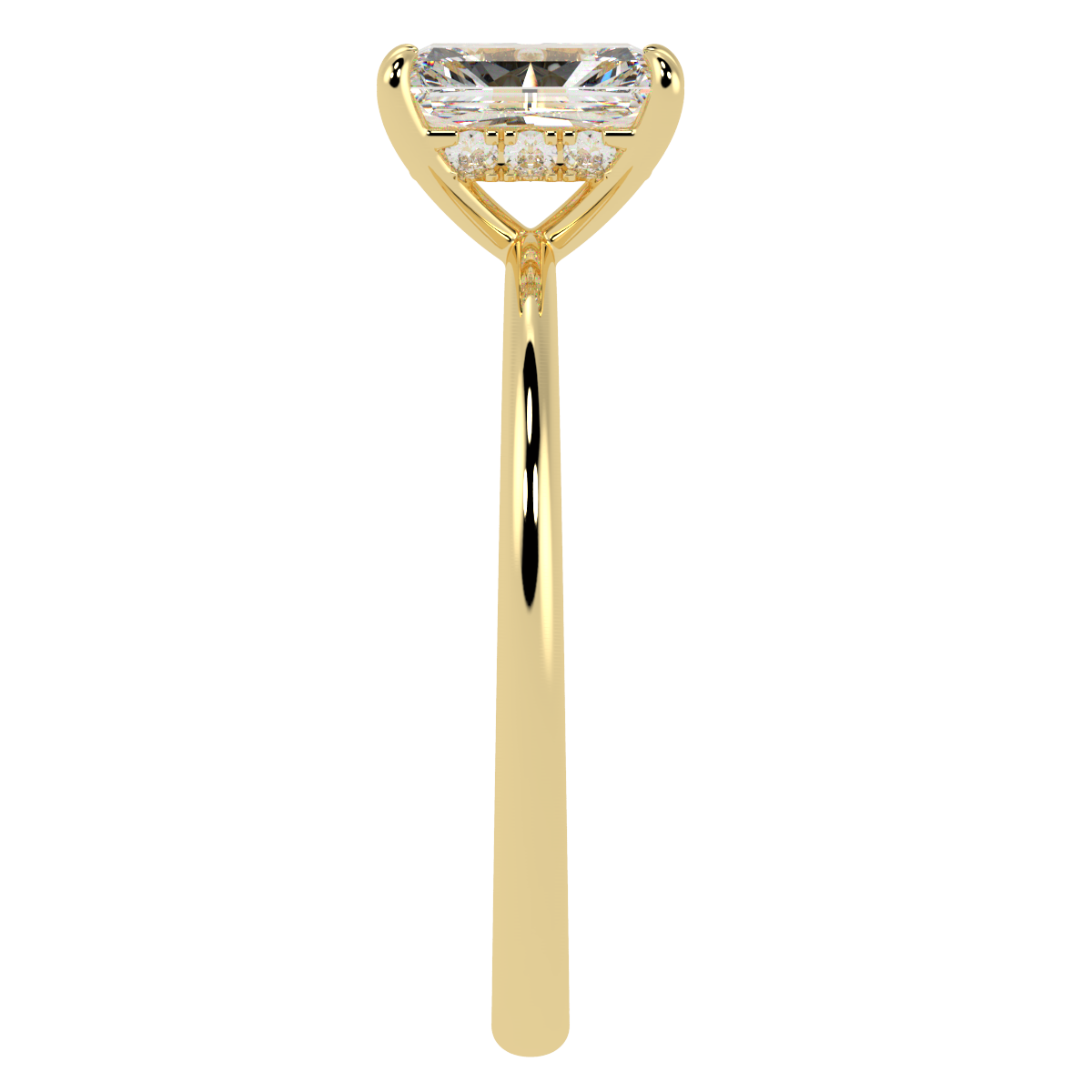 Radiant Cut Hidden Halo Ring in yellow gold, side view