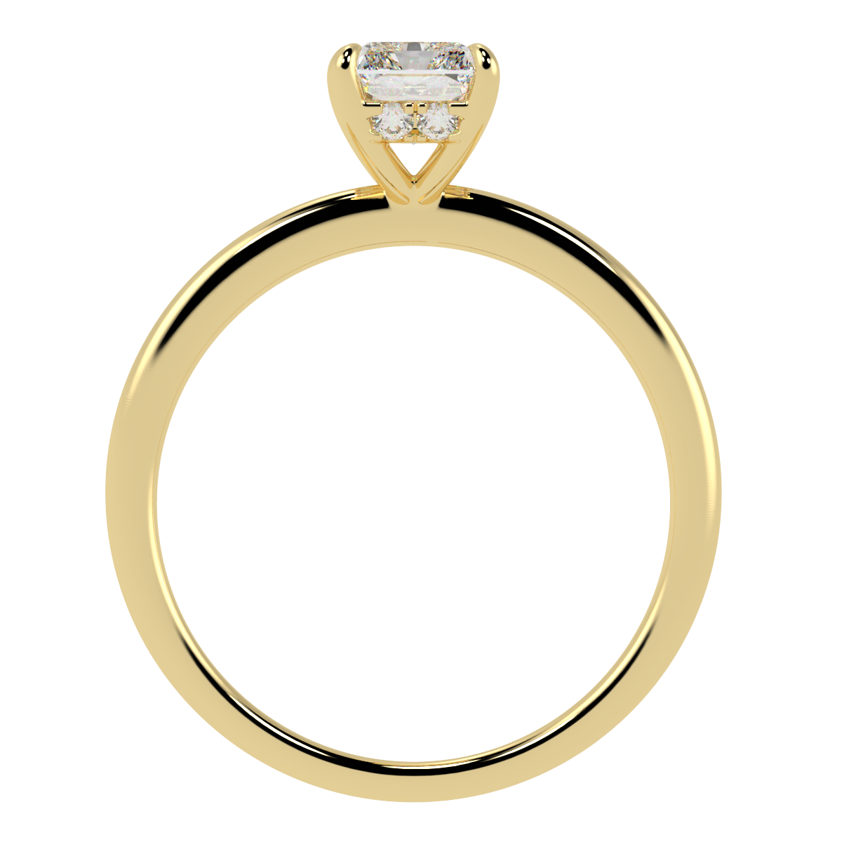 Radiant Cut Hidden Halo Ring in yellow gold, flat view