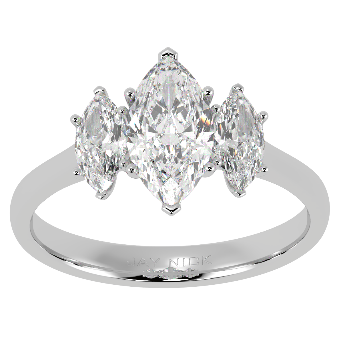 Marquise Cut Trilogy Ring in white gold or platinum, top view
