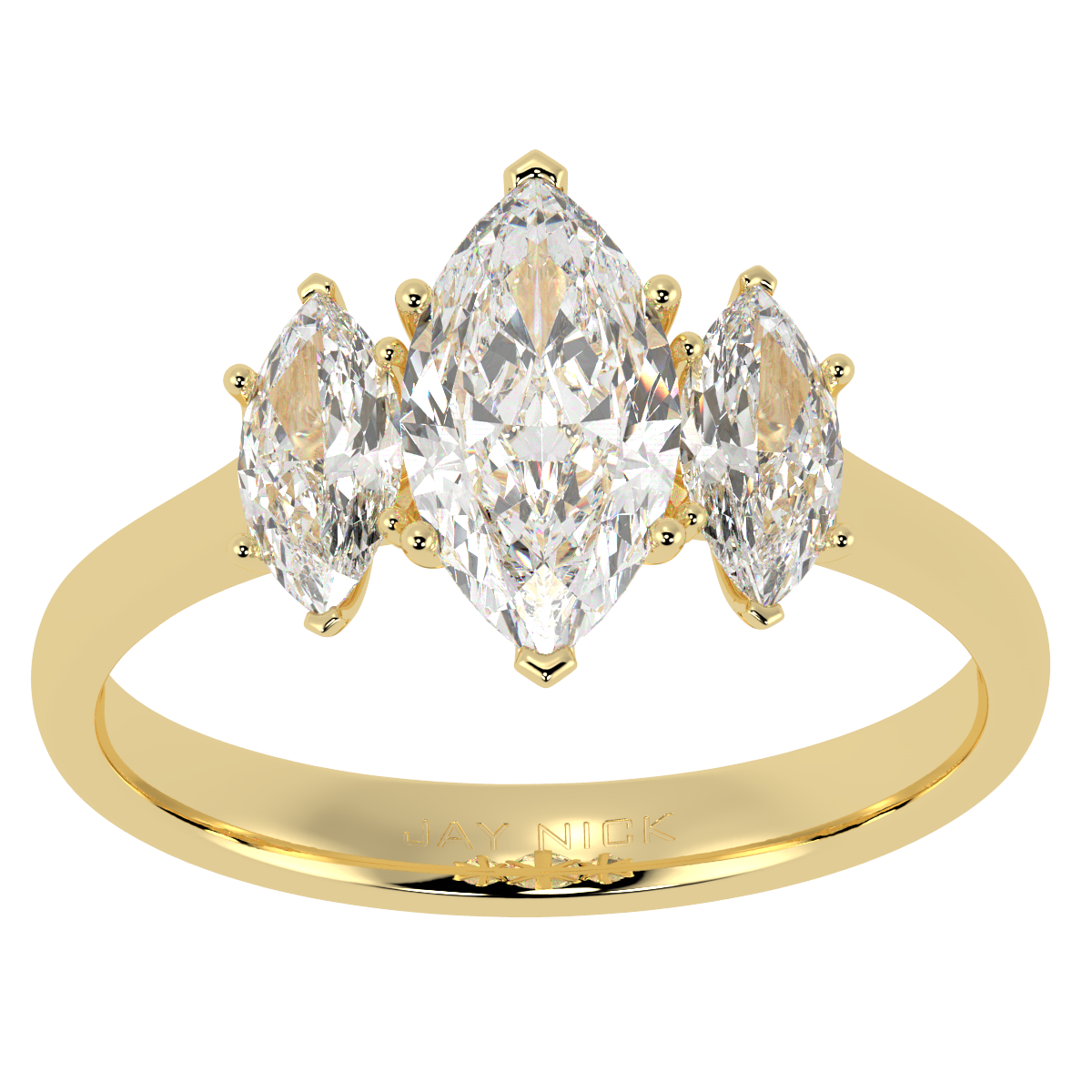 Marquise Cut Trilogy Ring in yellow gold, top view
