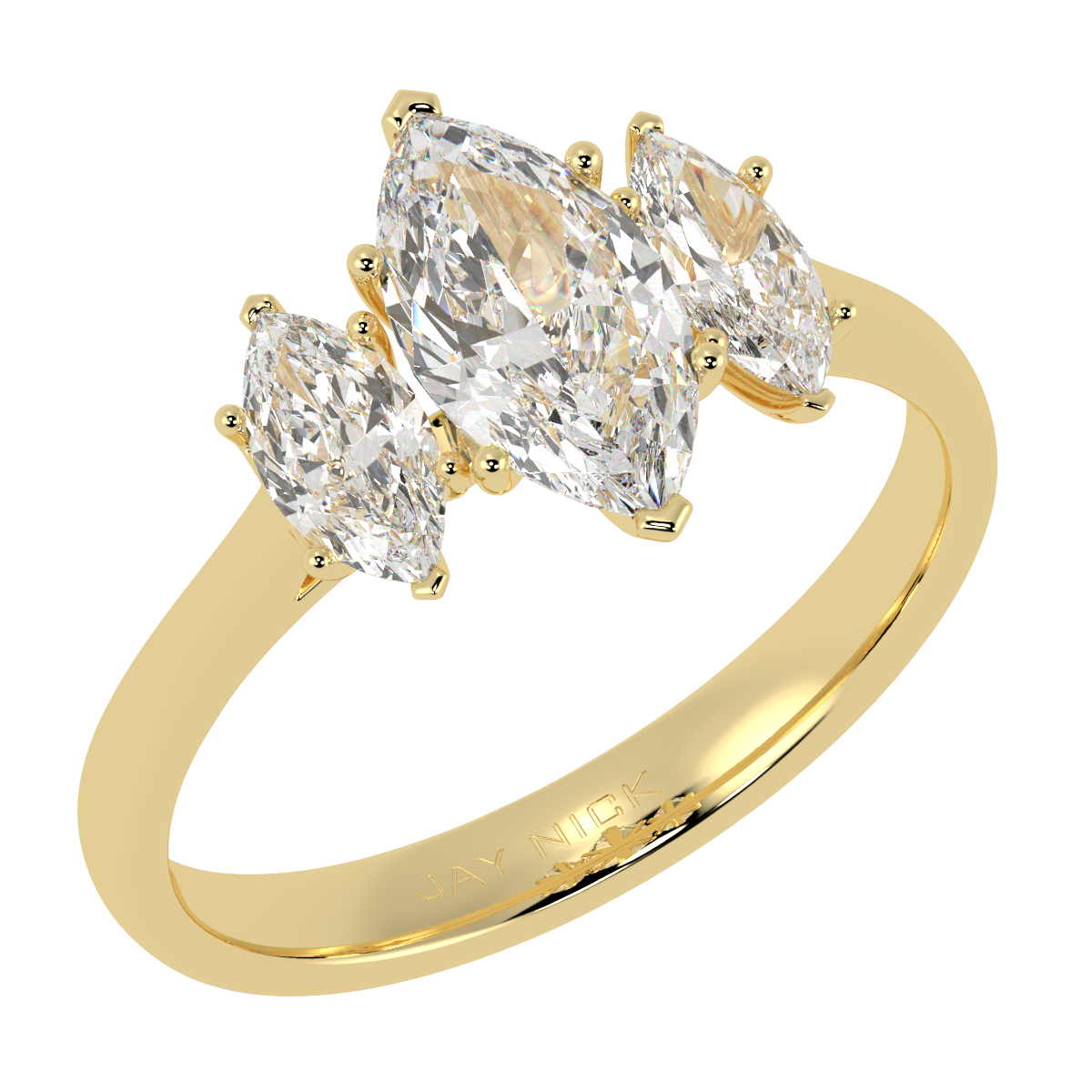 Marquise Cut Trilogy Ring in yellow gold, perspective view