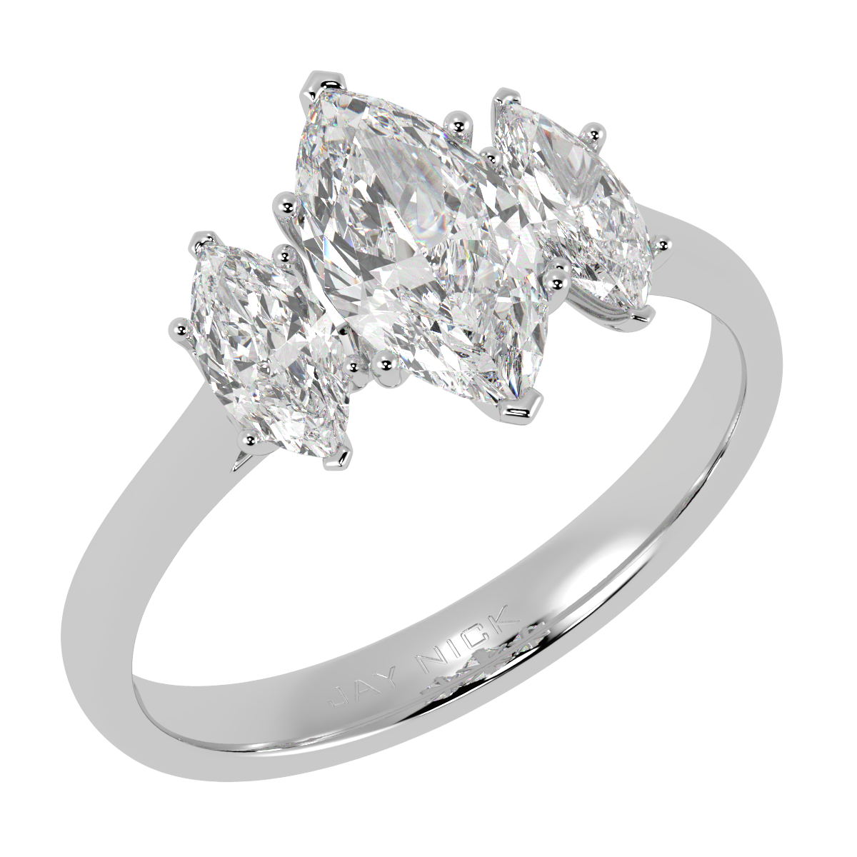 Marquise Cut Trilogy Ring in white gold or platinum, perspective view