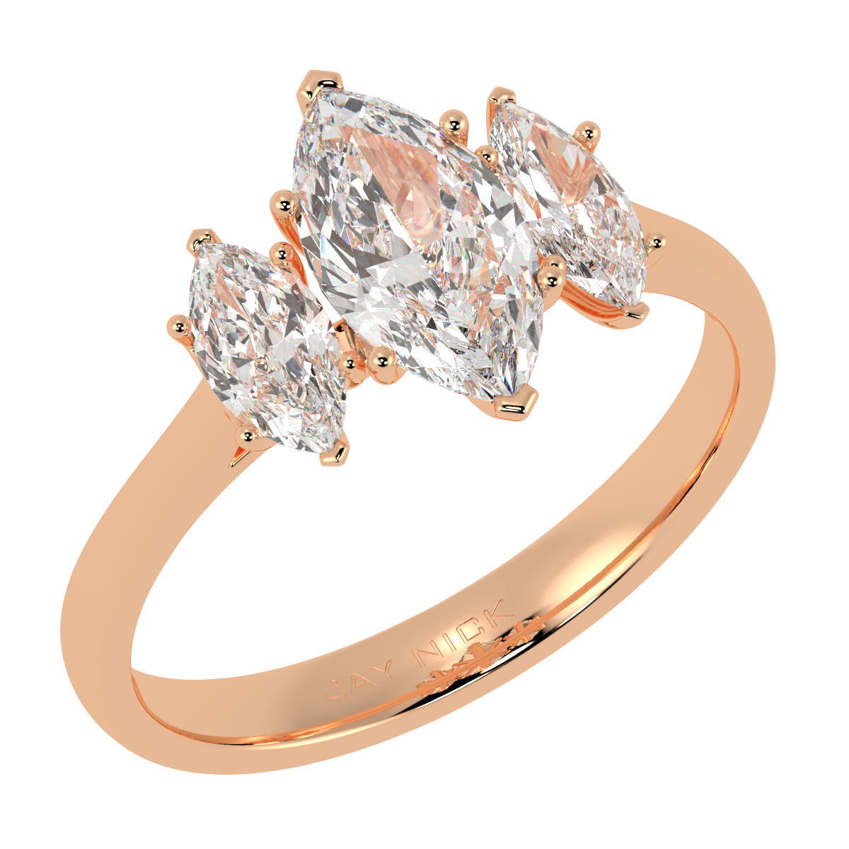 Marquise Cut Trilogy Ring in rose gold, perspective view