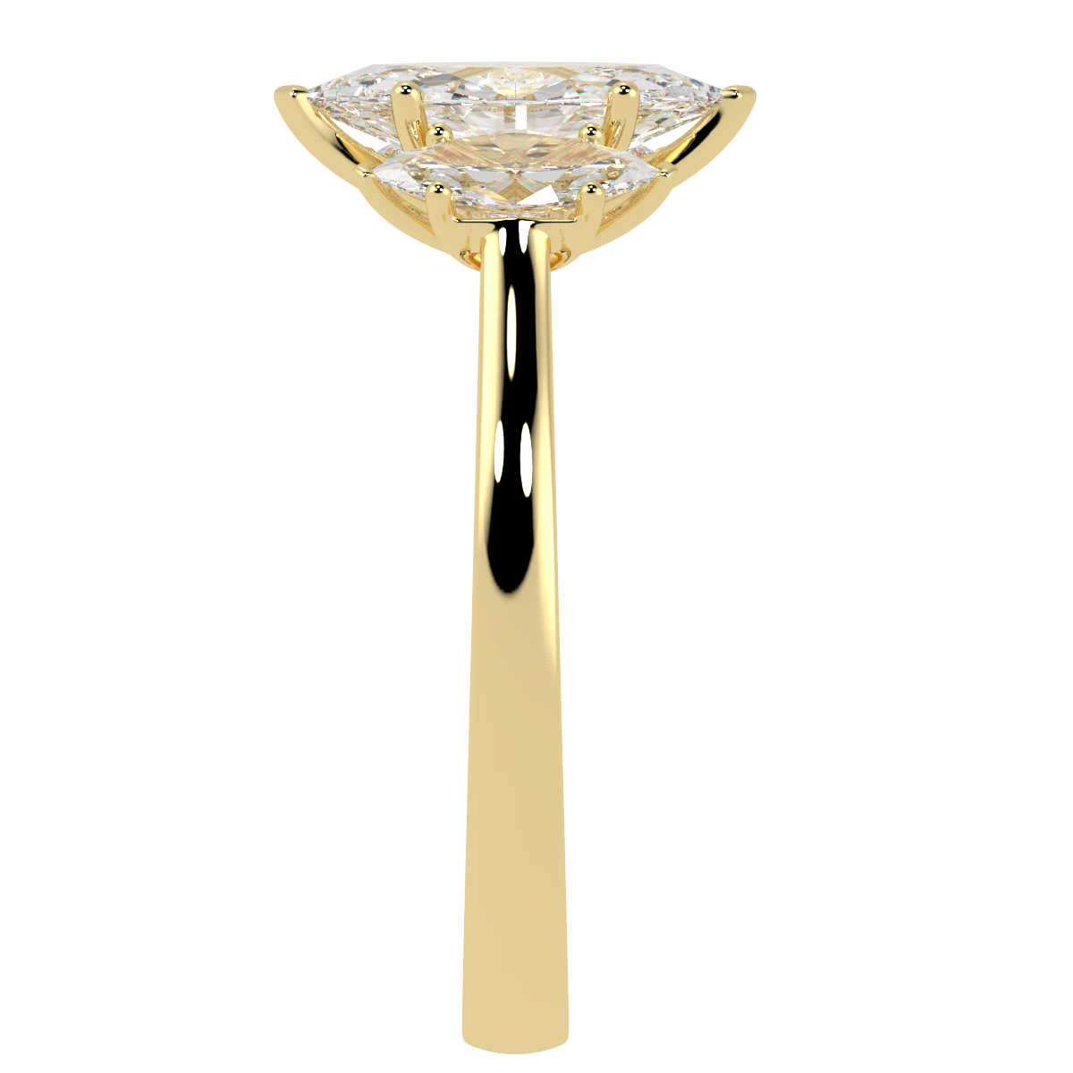 Marquise Cut Trilogy Ring in yellow gold, side view