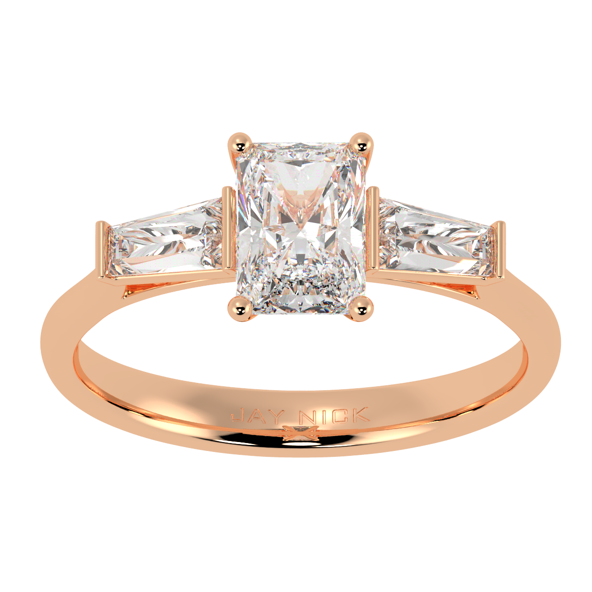 Radiant &amp; Baguette Three Stone Ring in rose gold, top view