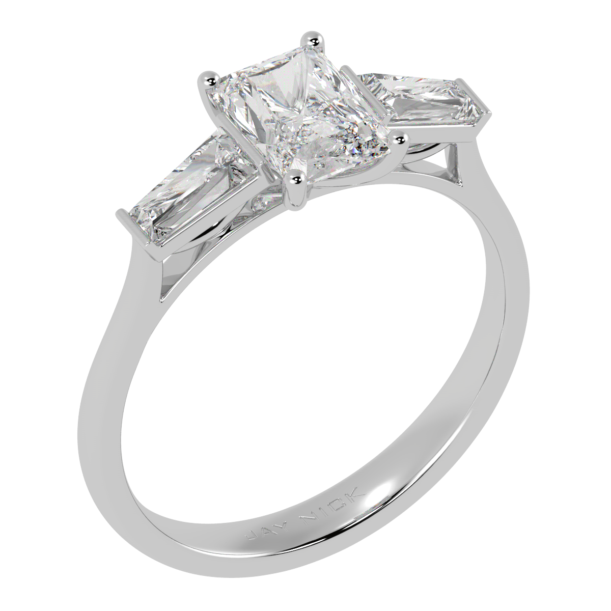 Radiant &amp; Baguette Three Stone Ring in white gold or platinum, perspective view