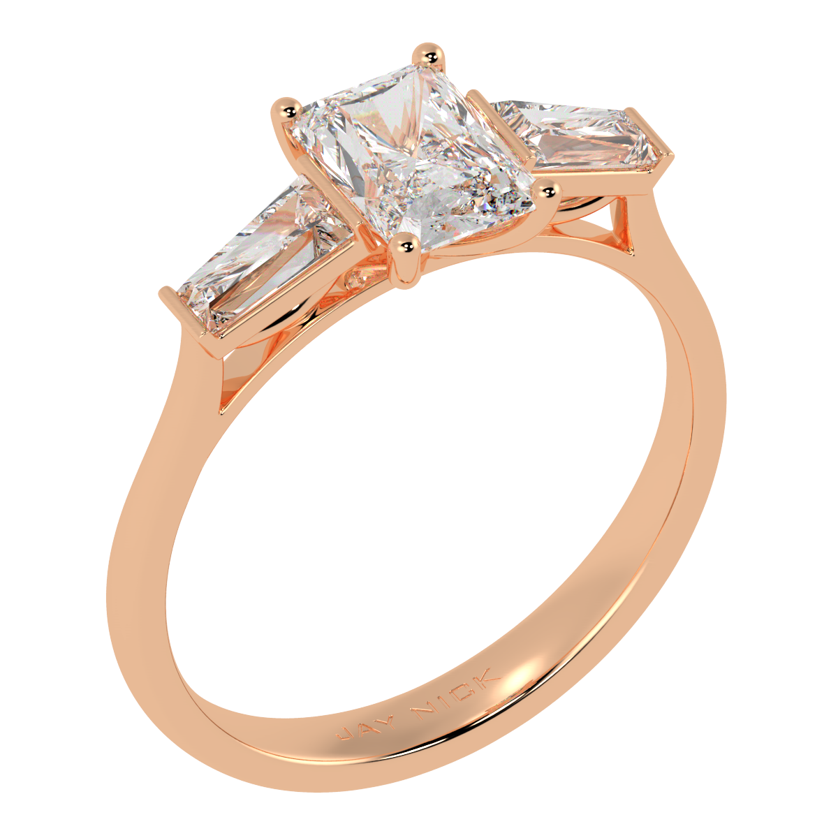 Radiant &amp; Baguette Three Stone Ring in rose gold, perspective view