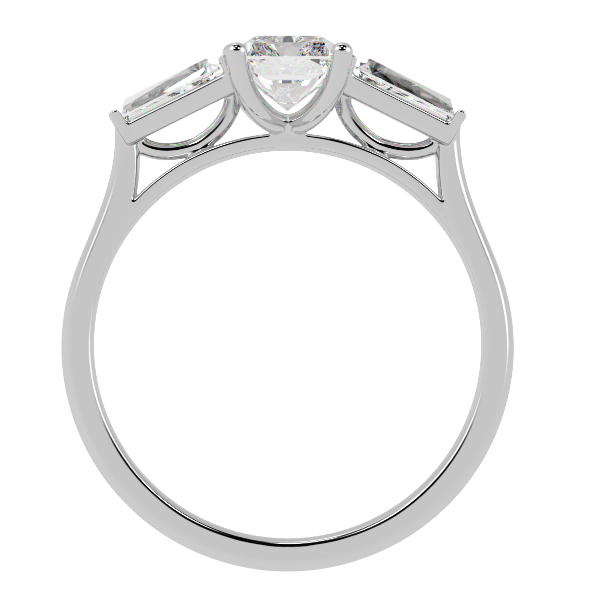 Radiant &amp; Baguette Three Stone Ring in white gold or platinum, flat view