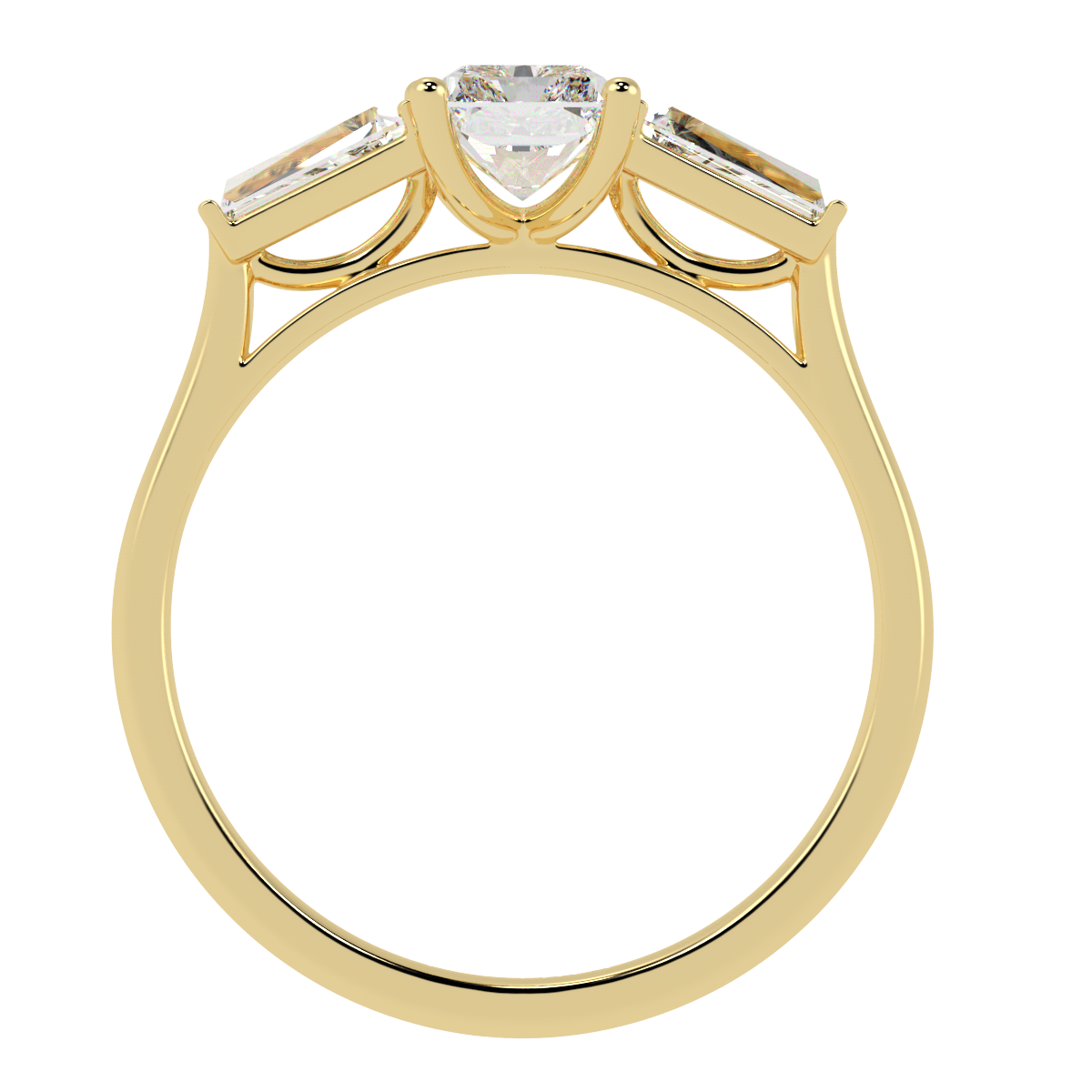 Radiant &amp; Baguette Three Stone Ring in yellow gold, flat view