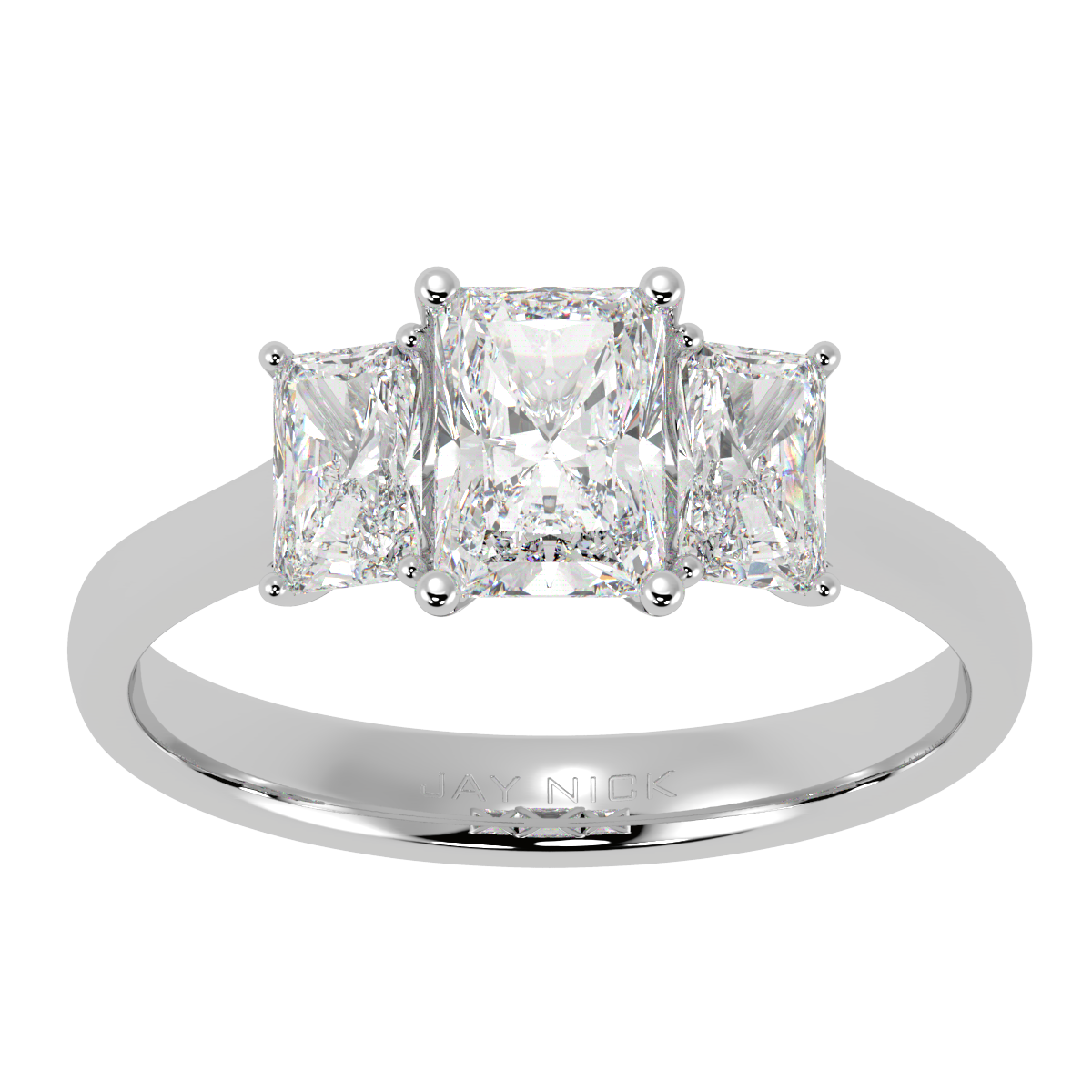 Radiant Cut Trilogy Ring in white gold or platinum, top view