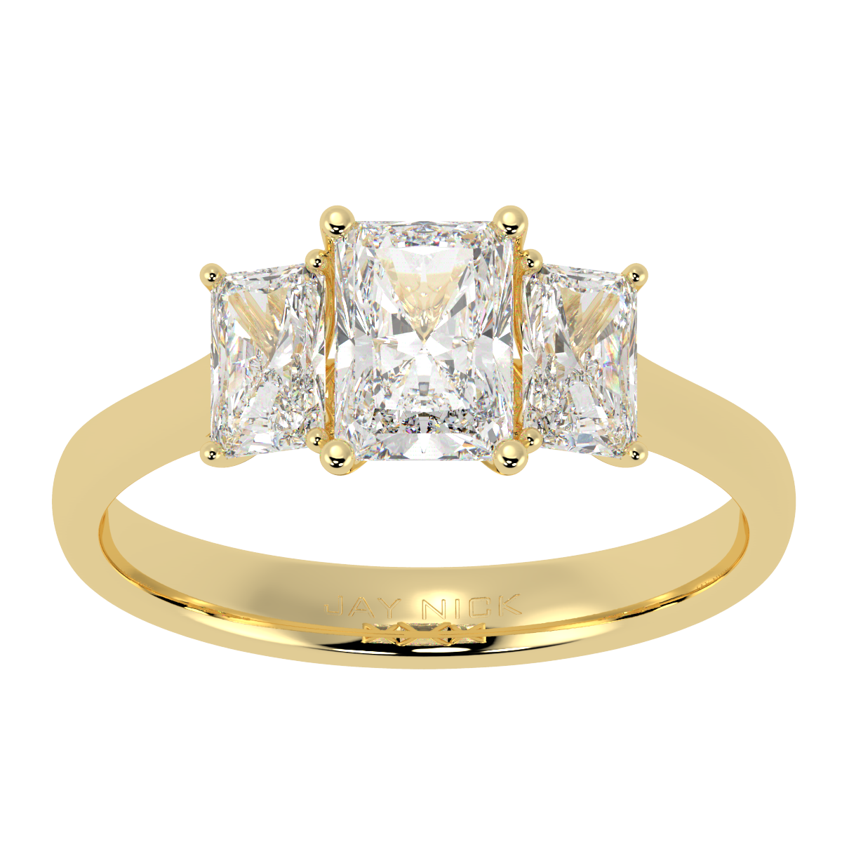 Radiant Cut Trilogy Ring in yellow gold, top view