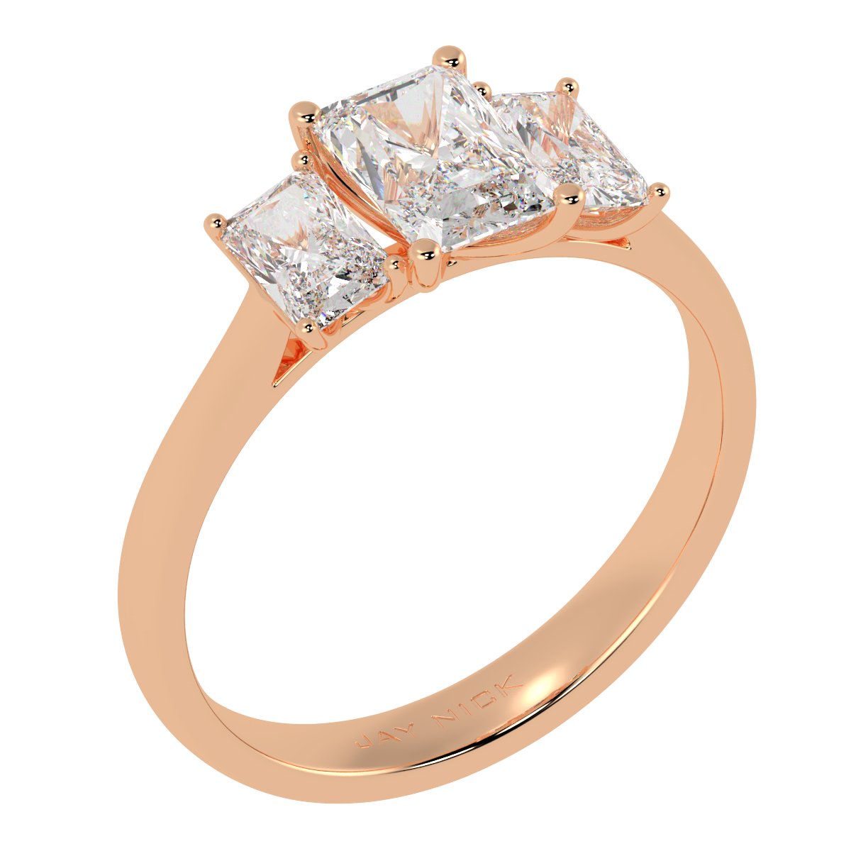 Radiant Cut Trilogy Ring in rose gold, perspective view