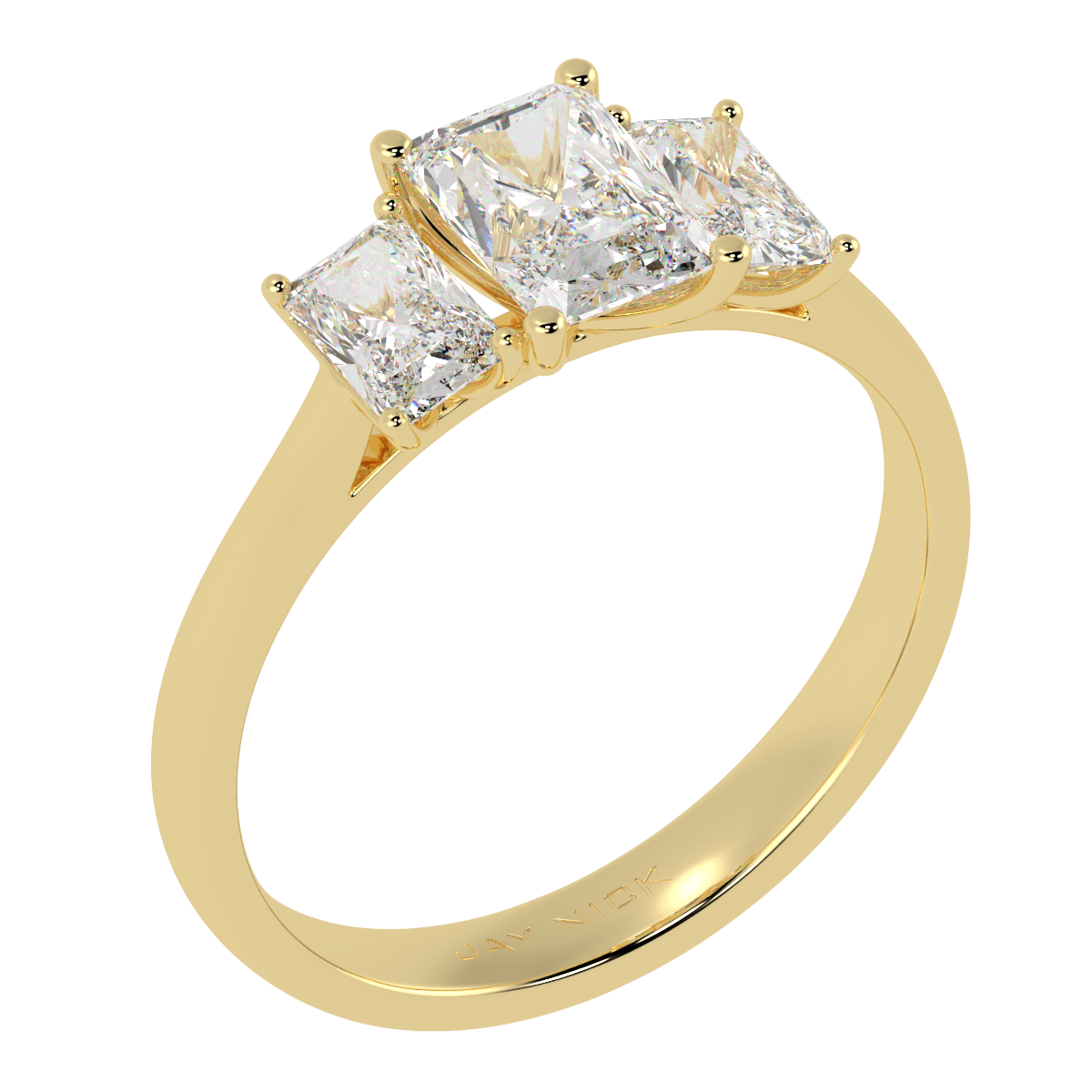 Radiant Cut Trilogy Ring in yellow gold, perspective view