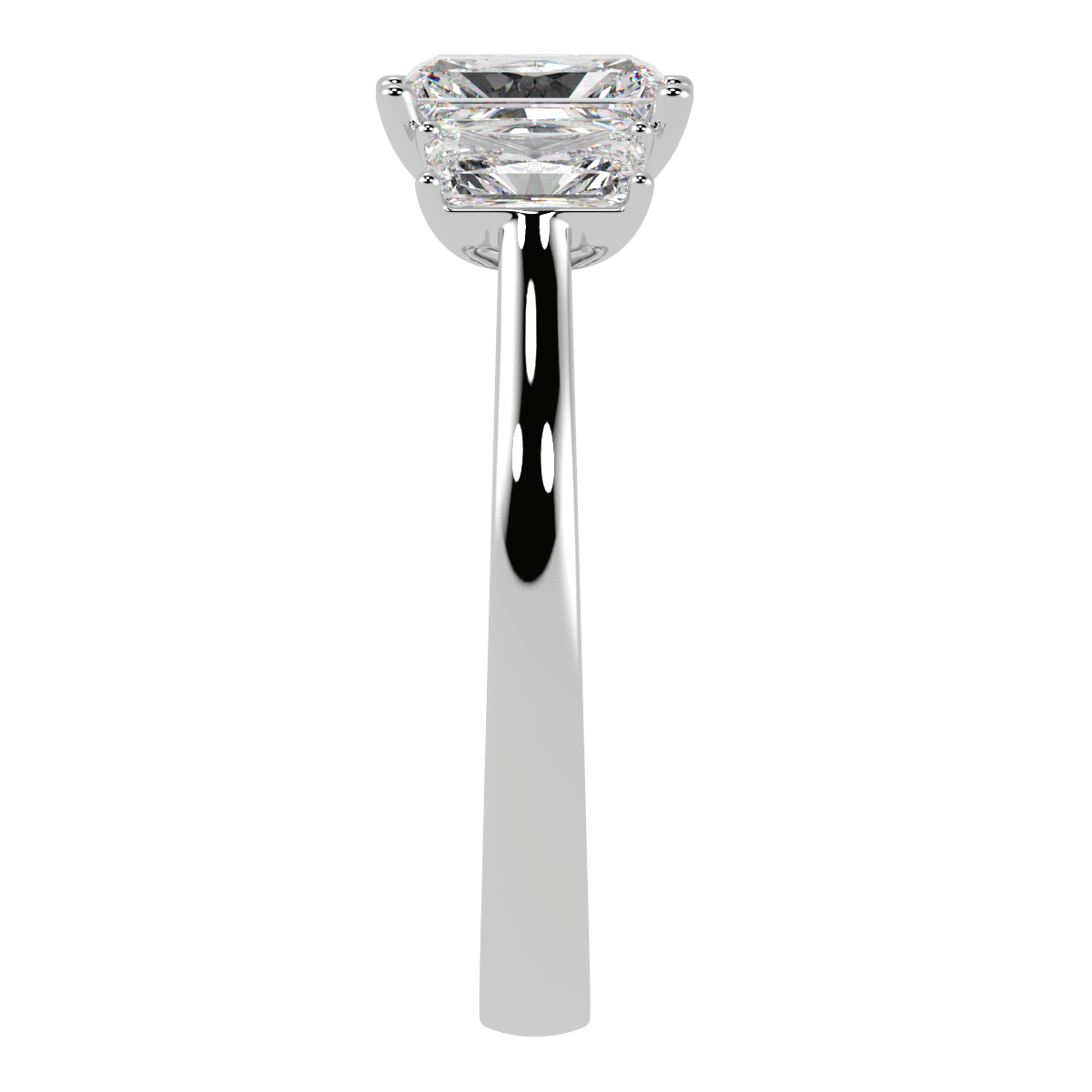 Radiant Cut Trilogy Ring in white gold or platinum, side view