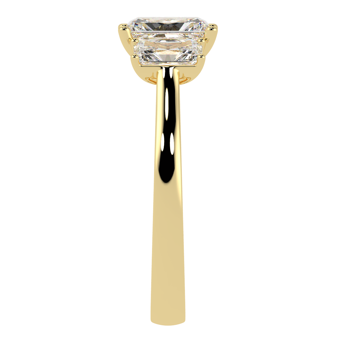 Radiant Cut Trilogy Ring in yellow gold, side view