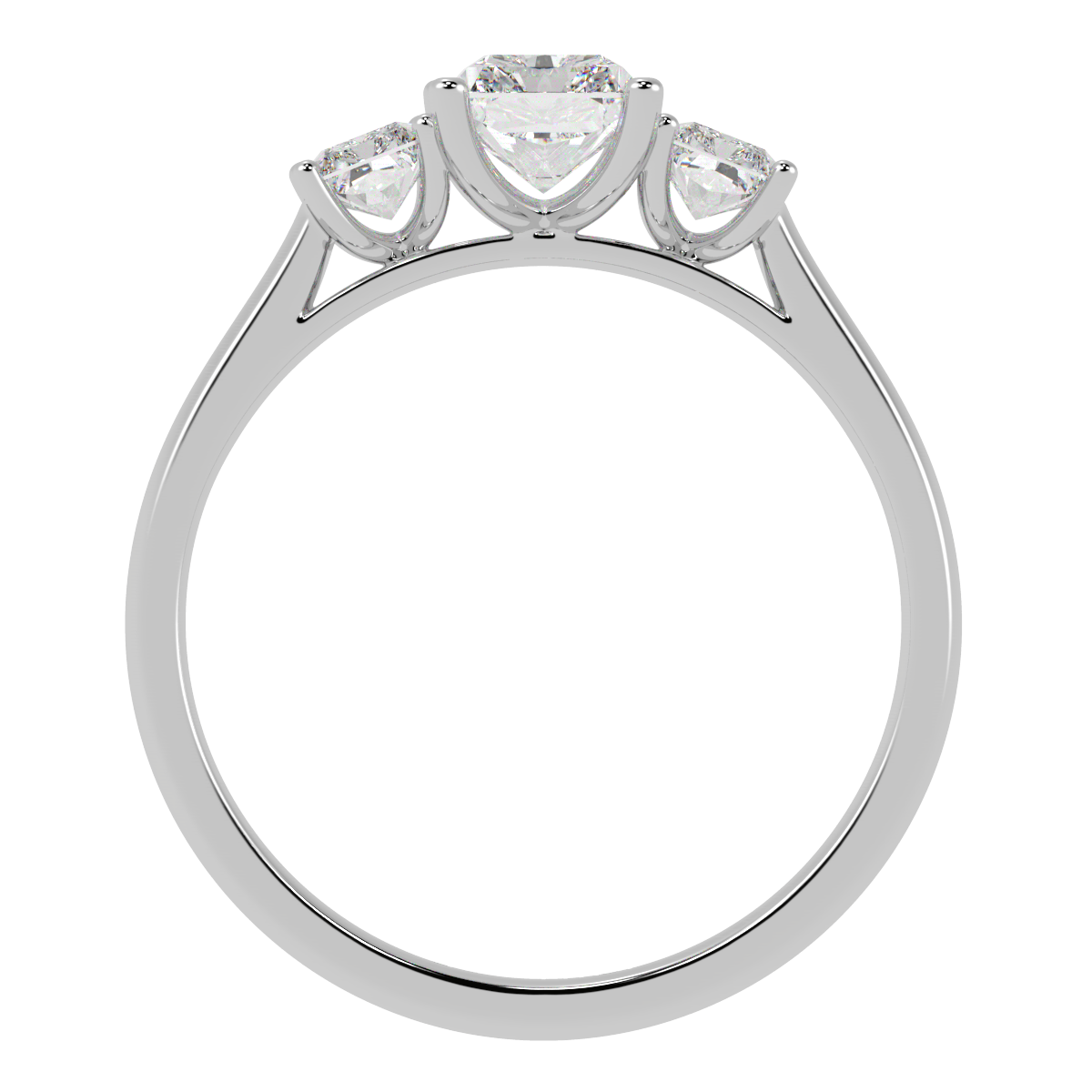 Radiant Cut Trilogy Ring in white gold or platinum, flat view